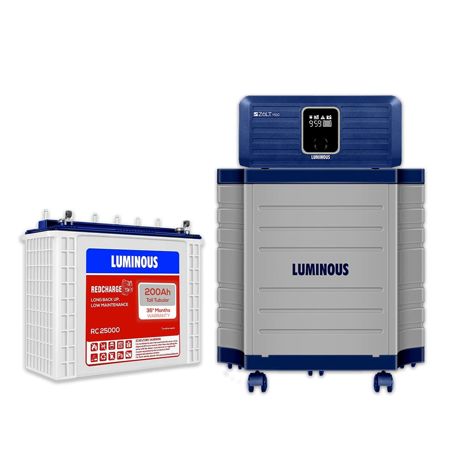 Luminous Zolt 1100 Sine Wave Inverter With RC25000 200 Ah Tall Tubular Battery and Trolley