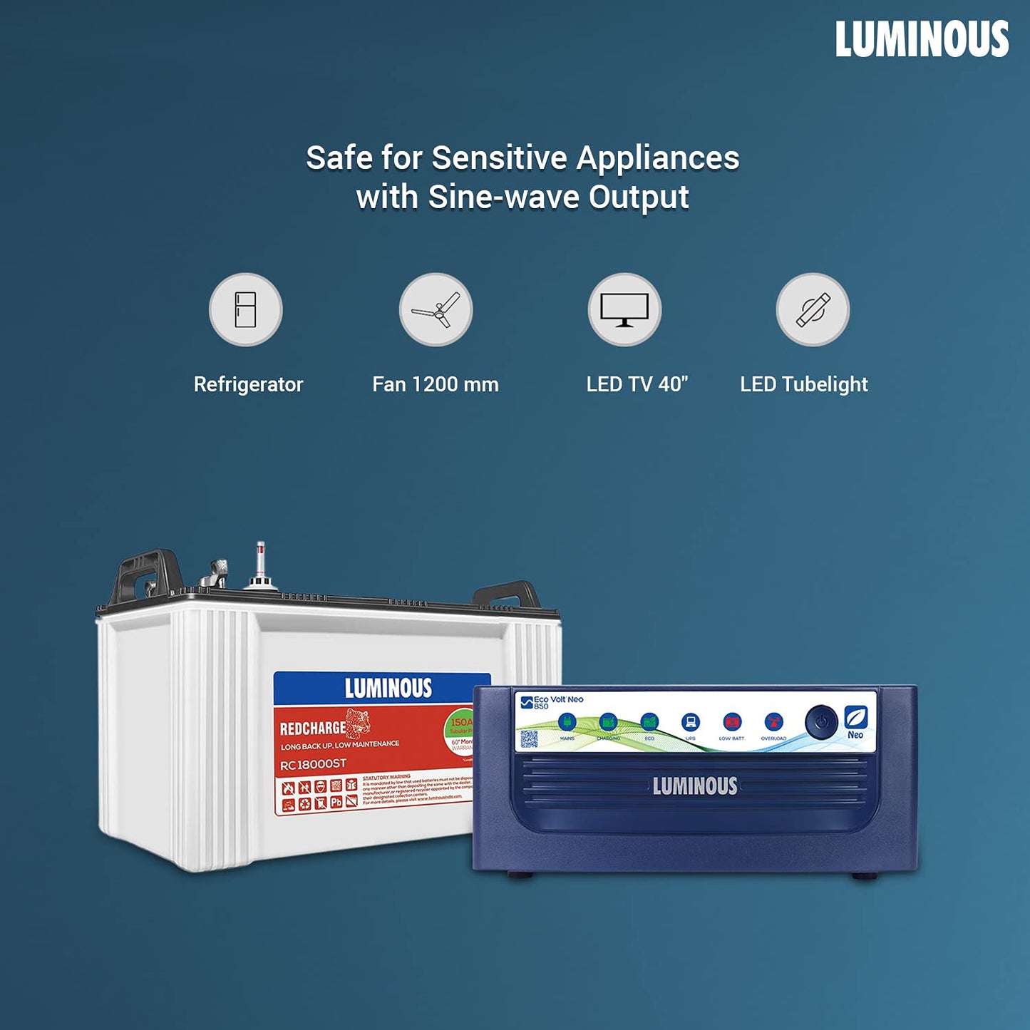 Luminous Eco Volt+ 850 SW Inverter with RC18000ST 150 Ah Battery Combo 1BHK