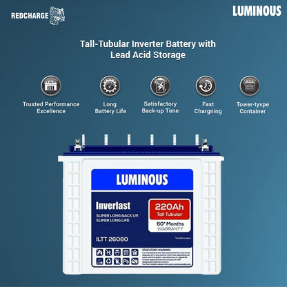 Luminous Inverlast ILTT26060 220Ah Tall Tubular Inverter Battery Warranty 60 Months