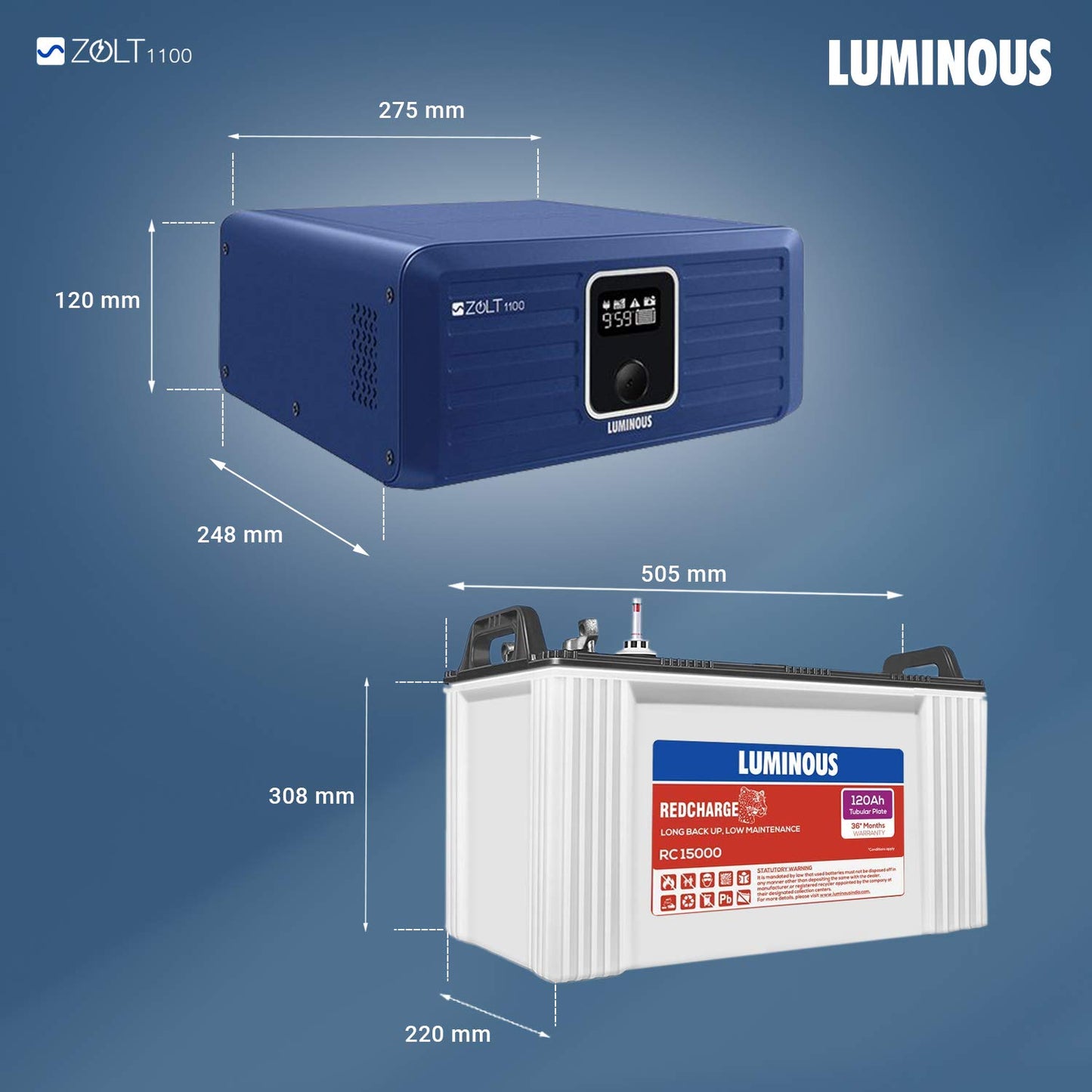 Luminous Zolt 1100 Pure Sine Wave Inverter with RC15000 120 Ah Tubular Battery for 1BHK