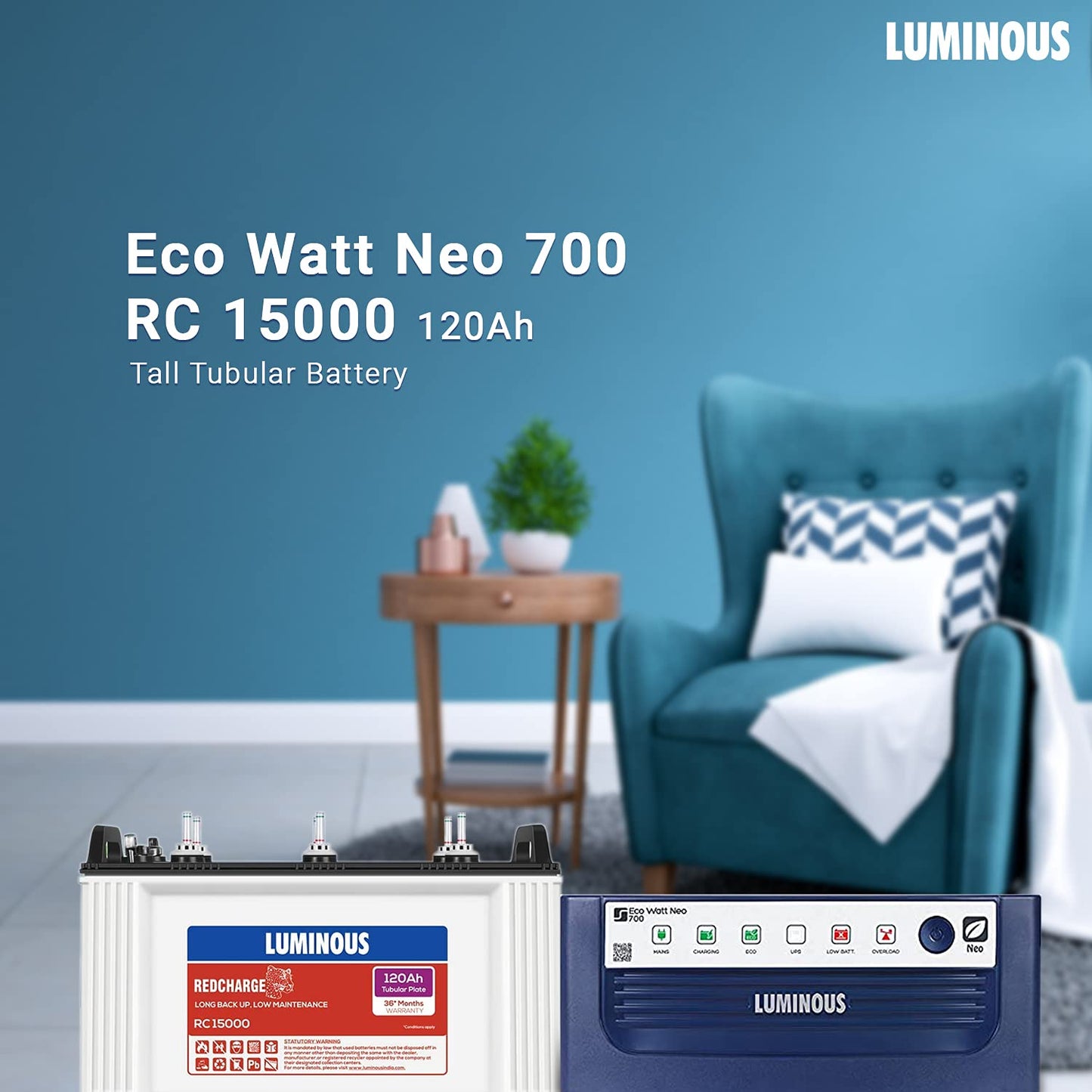 Luminous Eco Watt Neo 700 Inverter with RC15000 120Ah Battery for 1BHK