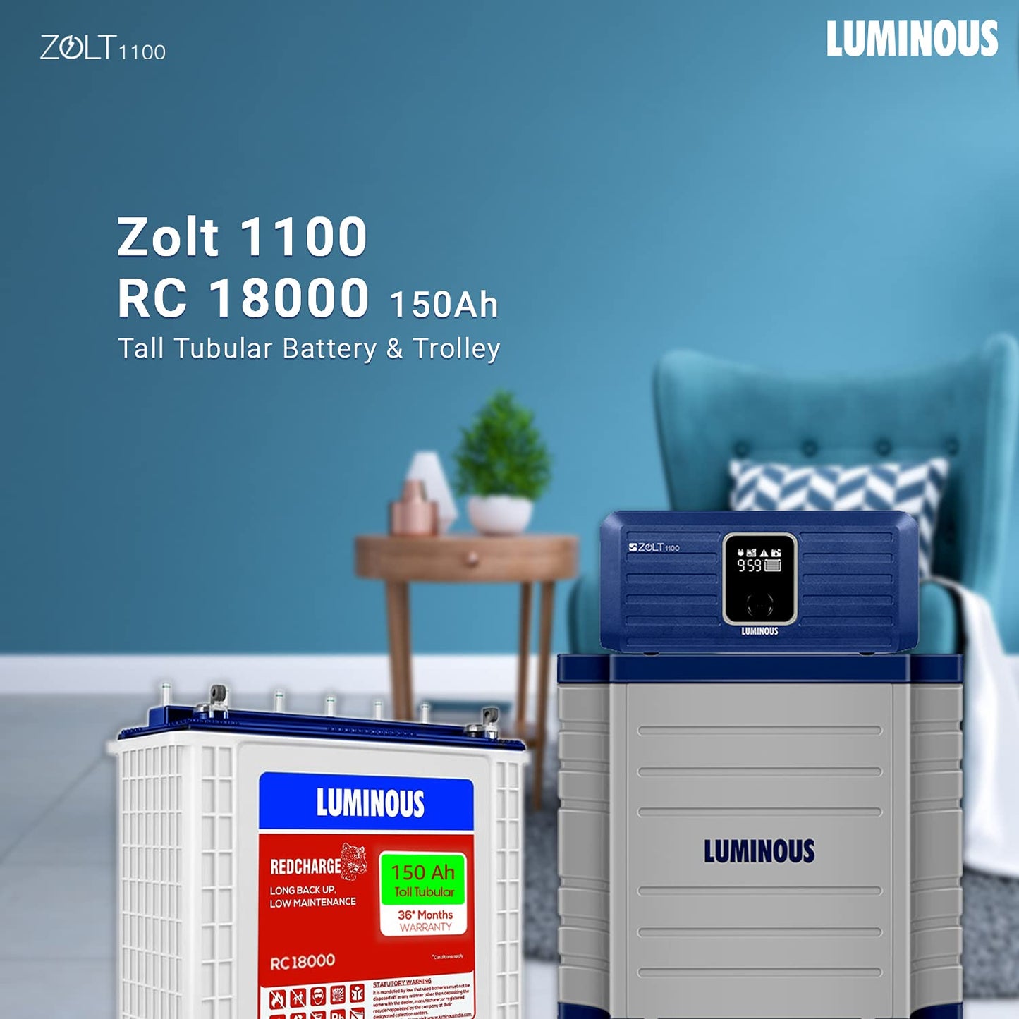 Luminous Zolt 1100 Sine Wave Inverter RC18000 150 Ah Tall Tubular Battery and Trolley