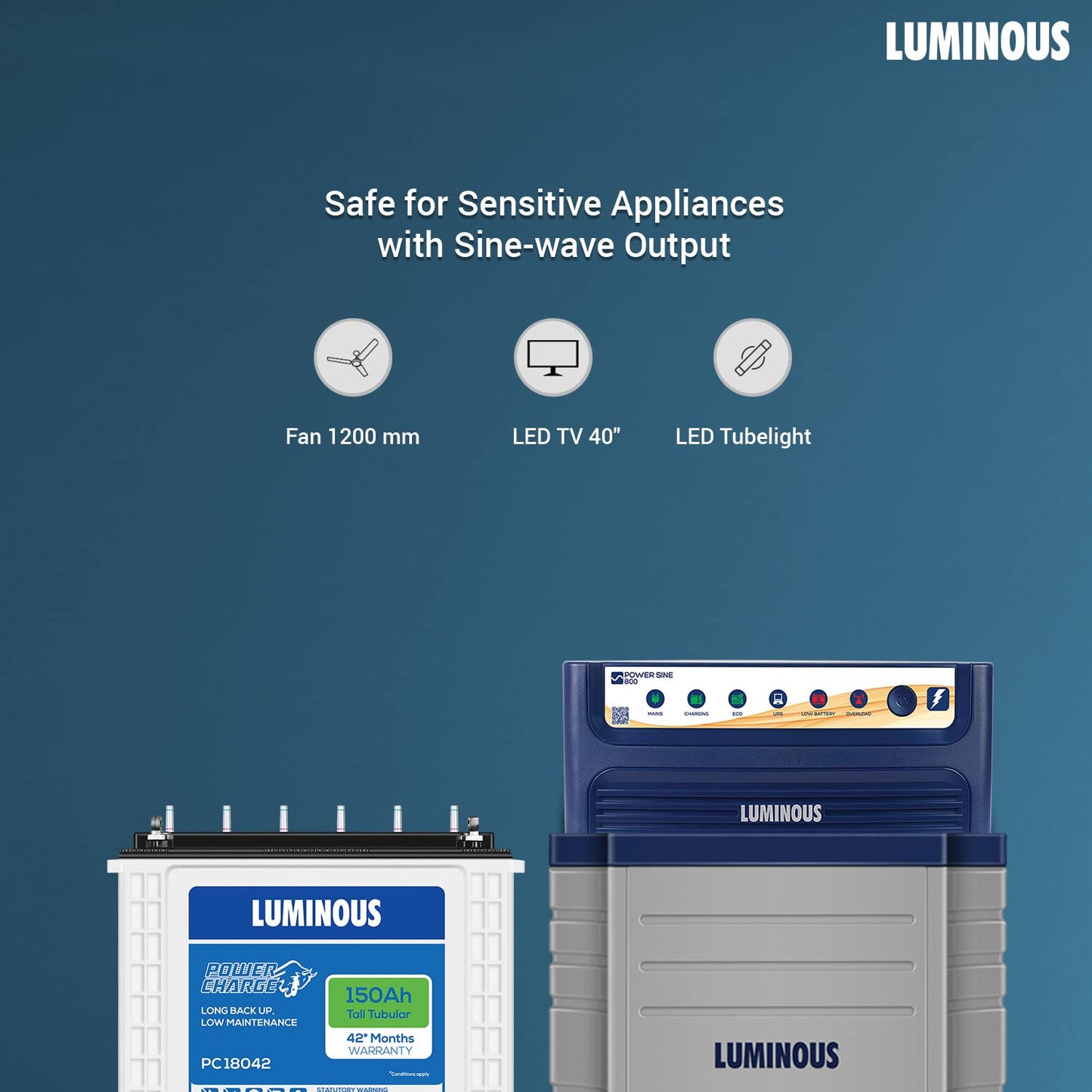 Luminous Power Sine 800 with 700VA Inverter Power Charge PC18042 Battery 150Ah  and Trolley for 1BHK