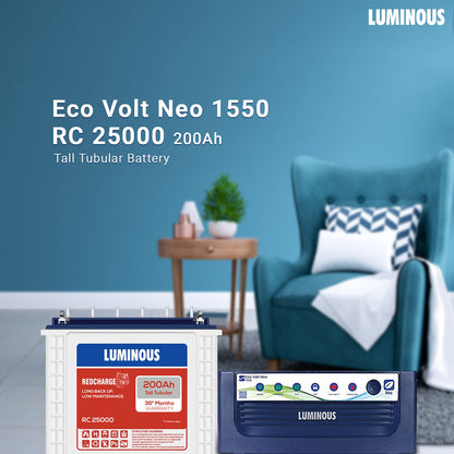 Luminous Eco Volt Neo 1550 Sine Wave Inverter with RC25000 200Ah Tall Tubular Battery and Trolley