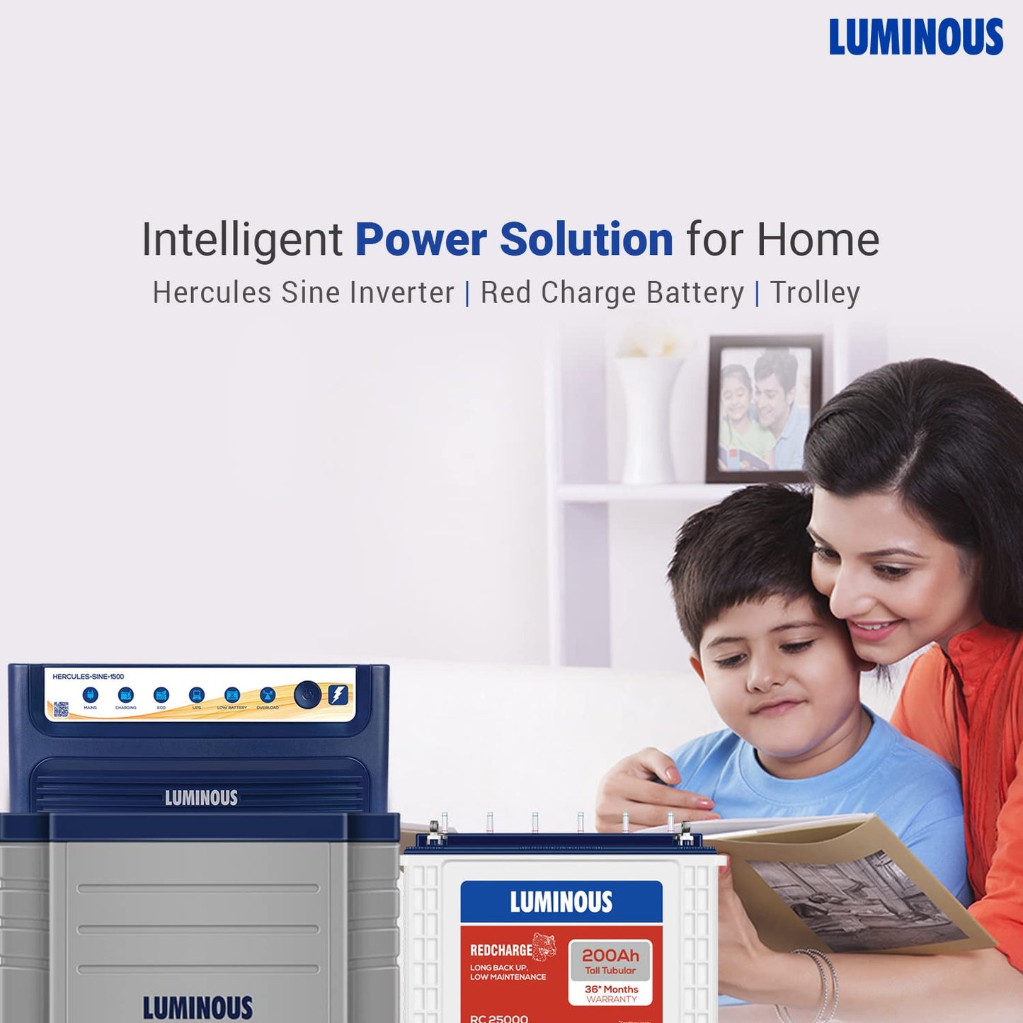 Luminous Hercules Sine 1500 Sine Wave Inverter 1400VA 12V with RC25000 Battery 200Ah and Trolley