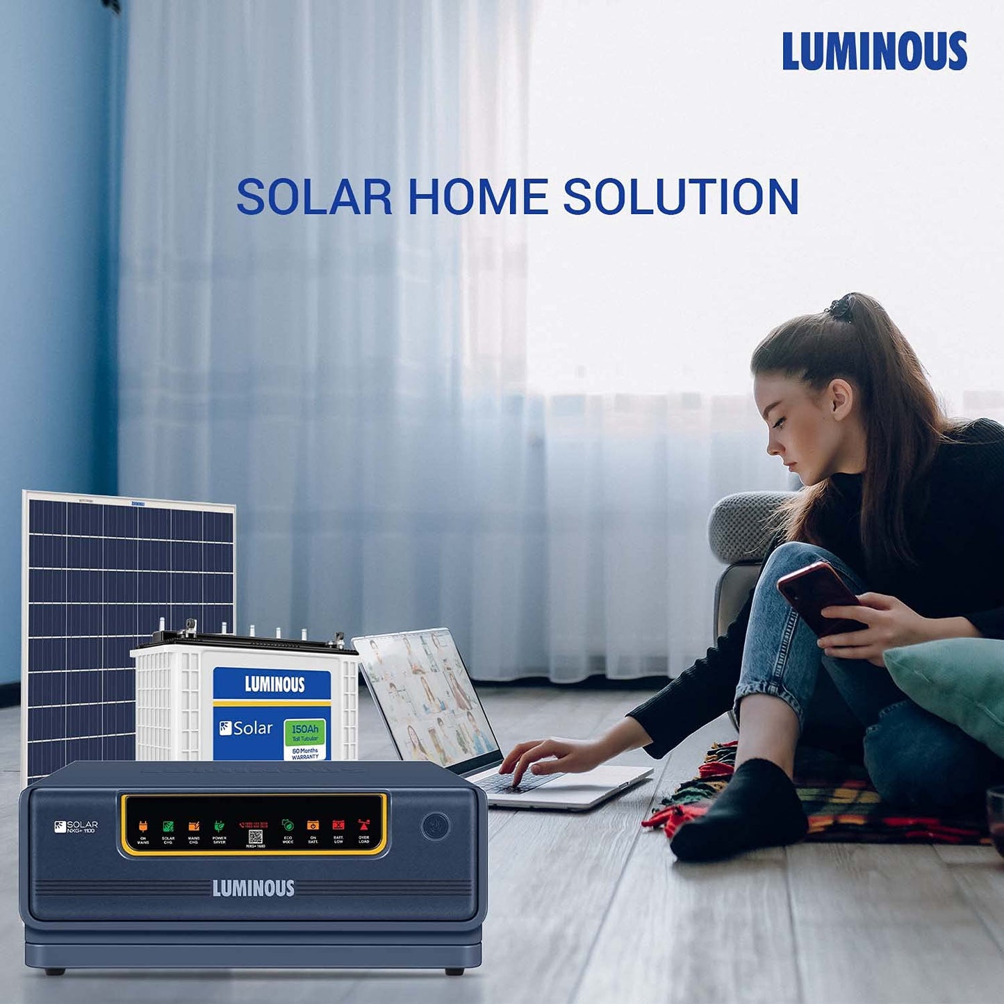 Luminous 1x NXG+ 1100 Hybrid Inverter 1 x LPT12150H 150Ah Solar Battery 1 x 165 Watts Solar Panel