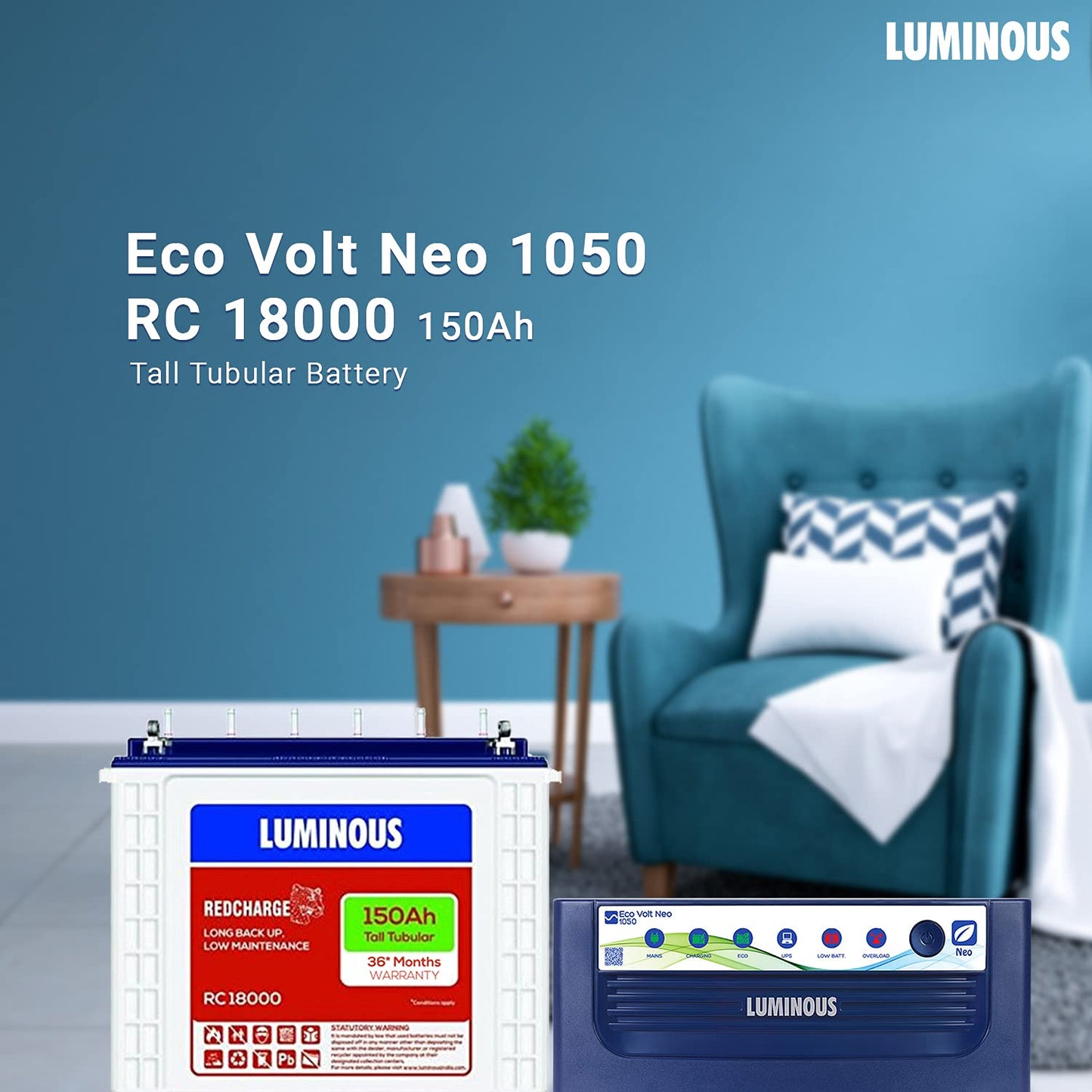 Luminous Eco Volt Neo 1050 Sine Wave Inverter With RC18000 150Ah Tall Tubular Battery