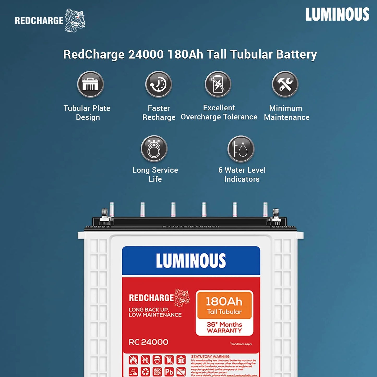 Luminous RC24000 Tall Tubular Inverter Battery 180Ah 36 Months Warranty