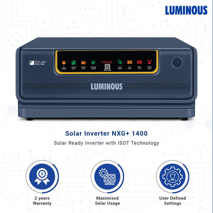 Luminous NXG+ 1400 Inverter (1) with LPTT12150H Battery (1) and Solar Panel 165W (2)
