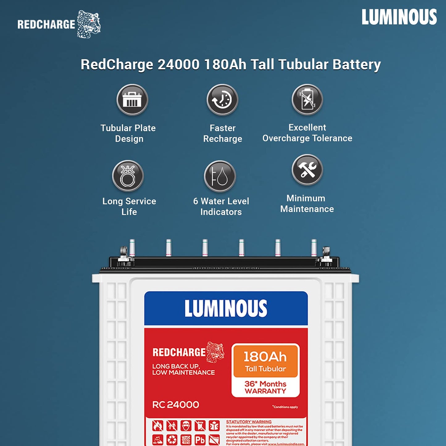 Luminous Optimus 1250 Sine Wave Inverter RC24000 180Ah Tall Tubular Battery with Trolley