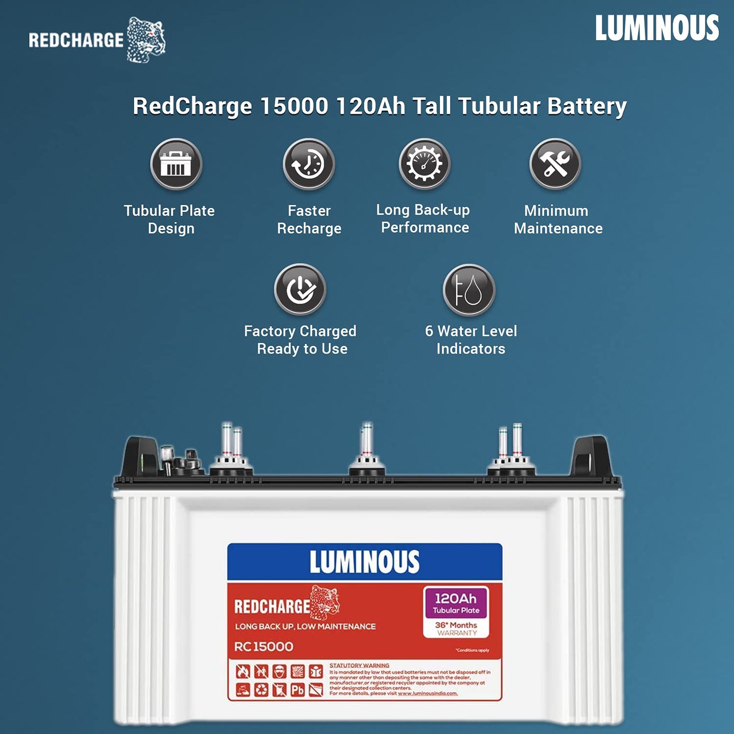 Luminous RC15000 Tubular Inverter Battery 120Ah Warranty 36 Months 1BHK