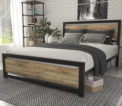 Bowzar King Size 6X6.5 Feet Bed Frame with Modern Wooden Headboard Heavy Duty Platform Metal Bed