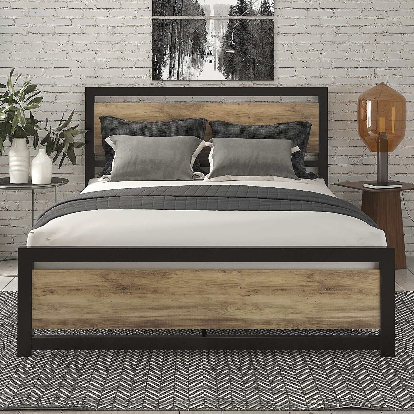 Bowzar King Size 6X6.5 Feet Bed Frame with Modern Wooden Headboard Heavy Duty Platform Metal Bed