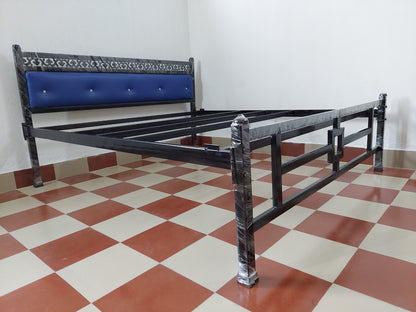 Bowzar KM Queen Size Heavy Quality Metal Iron Bed With Head Cushion Blue