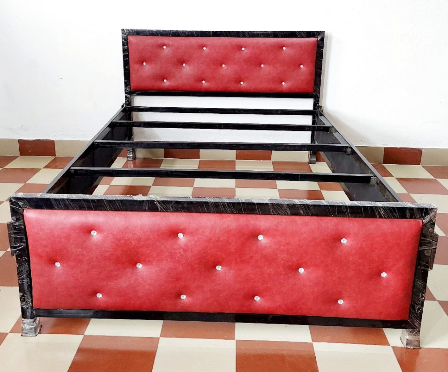 Bowzar Upholstered Metal Iron Bed with Sides Covered Without Box