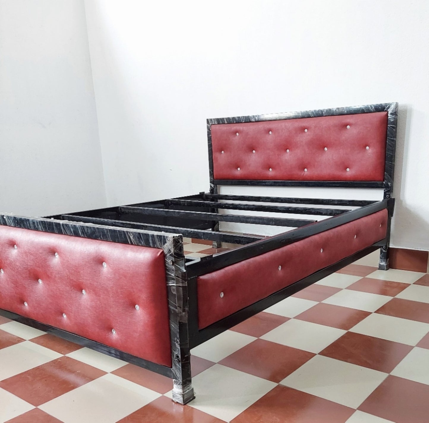 Bowzar Upholstered Metal Iron Bed with Sides Covered Without Box