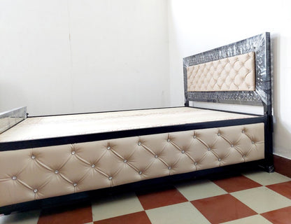 Bowzar Metal Iron Box Bed With Storage Palang Cot Upholstered Design All Sides Design